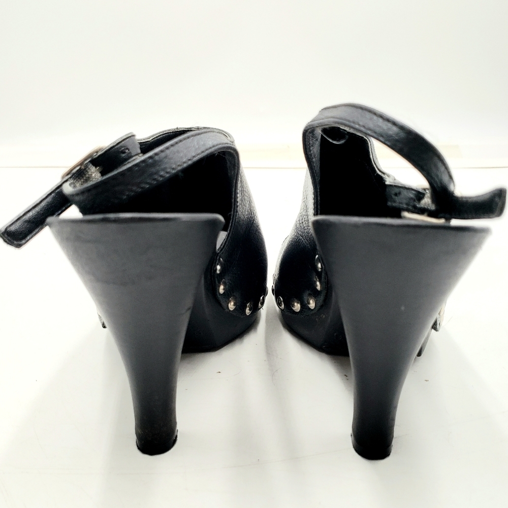 Chilis Leger Studded Peep Toe Heels Womens 9.5 Black Buckle Sling Back 4 Inch - Picture 4 of 8